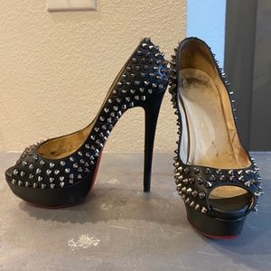 Vintage Christian Louboutin Black Leather Spiked Lady Peep Toe Platform Pumps